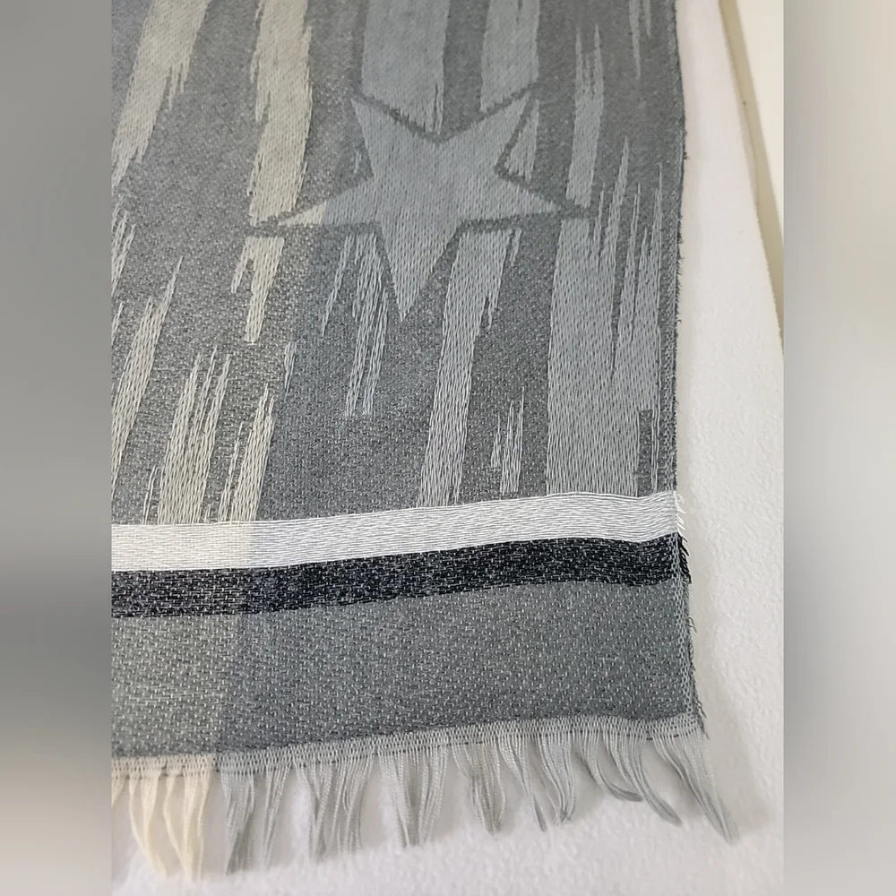 Gray White Stars & Stripes W/ Fringe Accent Rectangle Scarf
